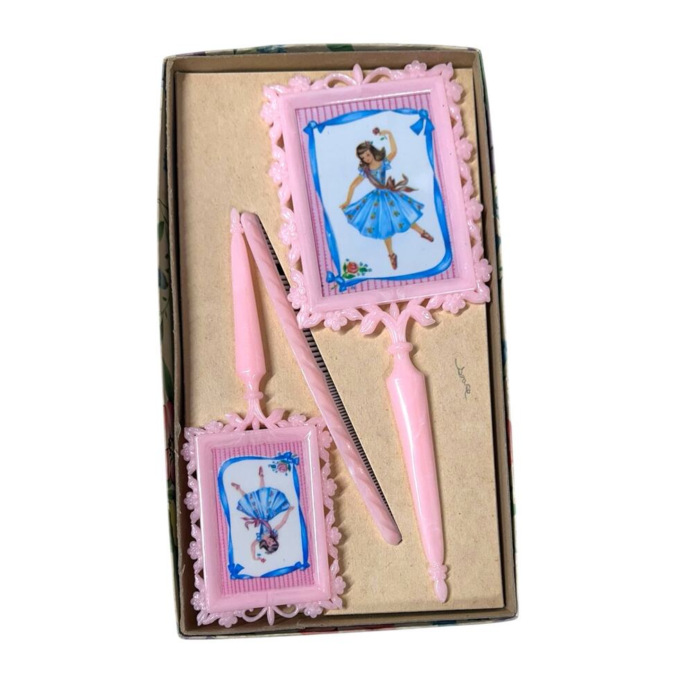 Vintage Childs Dresser Vanity Set Mirror Comb Brush W/ Original Box from‎ 1950’s